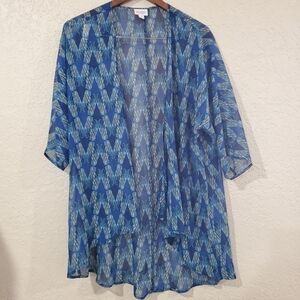 Lularoe Kimono Blue White Yellow Open Front Geometric Size Small